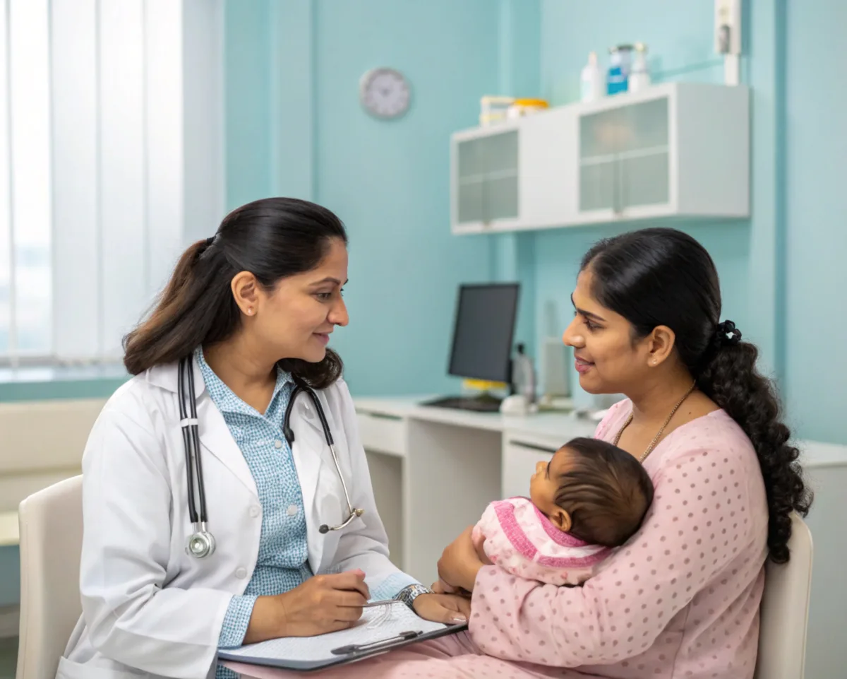 A doctor talking with a mother holding her baby in a consultation room