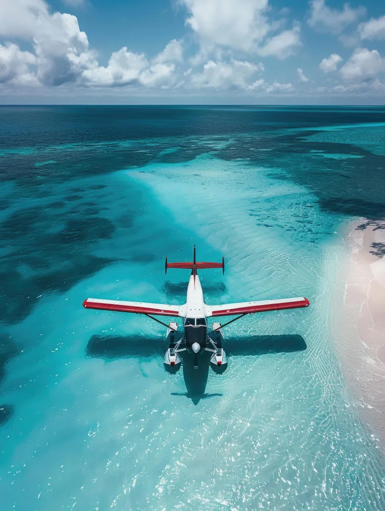 A seaplane on the shallow turquoise water of a Maldivian atoll, seen from the air