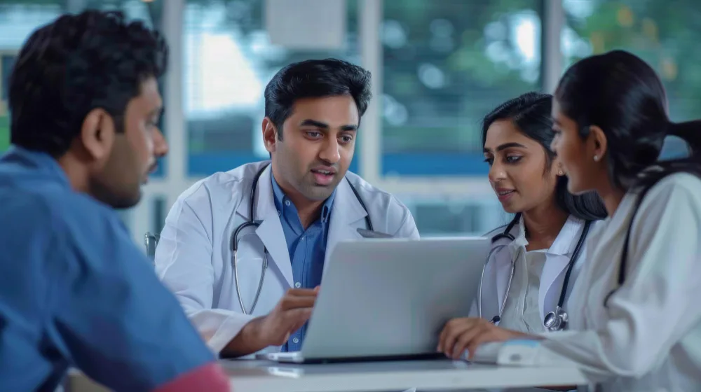 Three clinicians discussing a case together